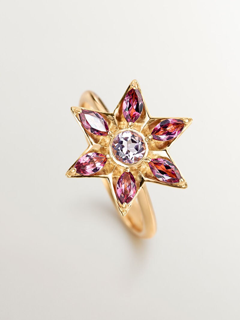 928 silver ring dipped in 18K yellow gold shaped as a flower adorned with purple amethyst and pink rhodolites. image number 4