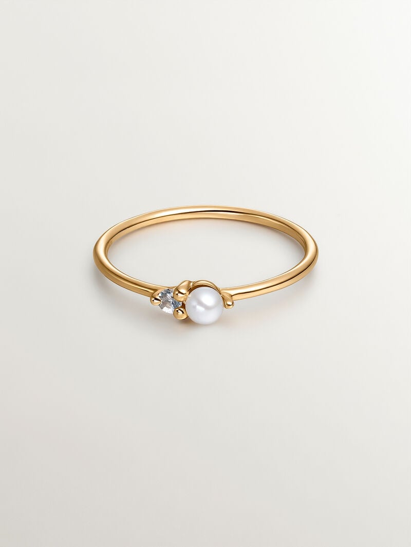 9K Yellow Gold Ring with Pearl and White Sapphire image number 1