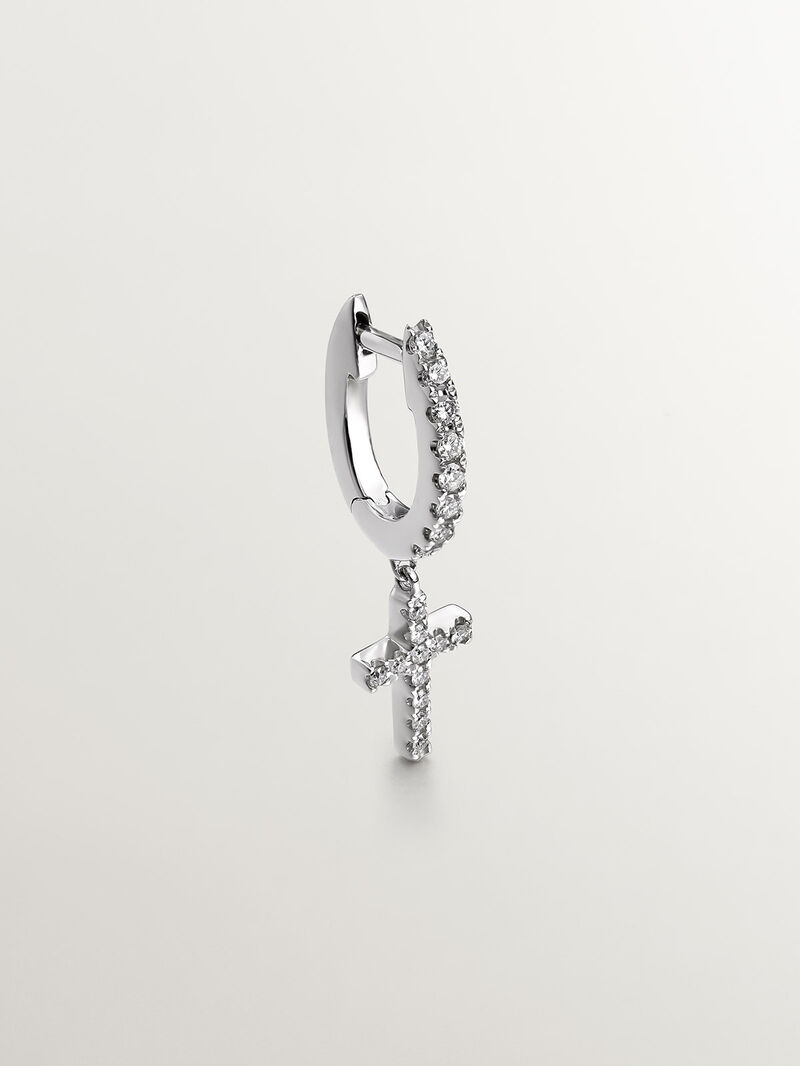 Single 18K white gold earring with diamonds and cross. image number 0