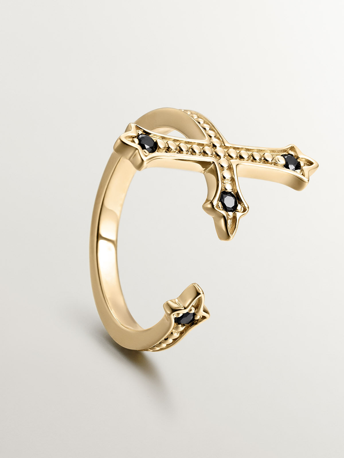 Anillo Tu y Yo de plata 925 banada en oro amarillo de 18K con forma de cruz y espinelas negras
