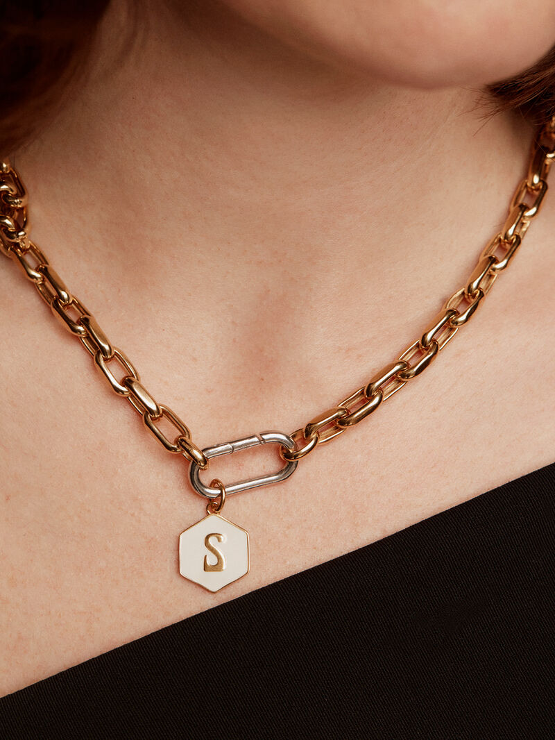 18K yellow gold plated 925 sterling silver charm with initial S and white enamel with hexagonal shape image number 1