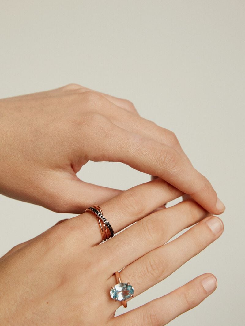 925 Silver double ring bathed in 18K rose gold with black spinels. image number 8