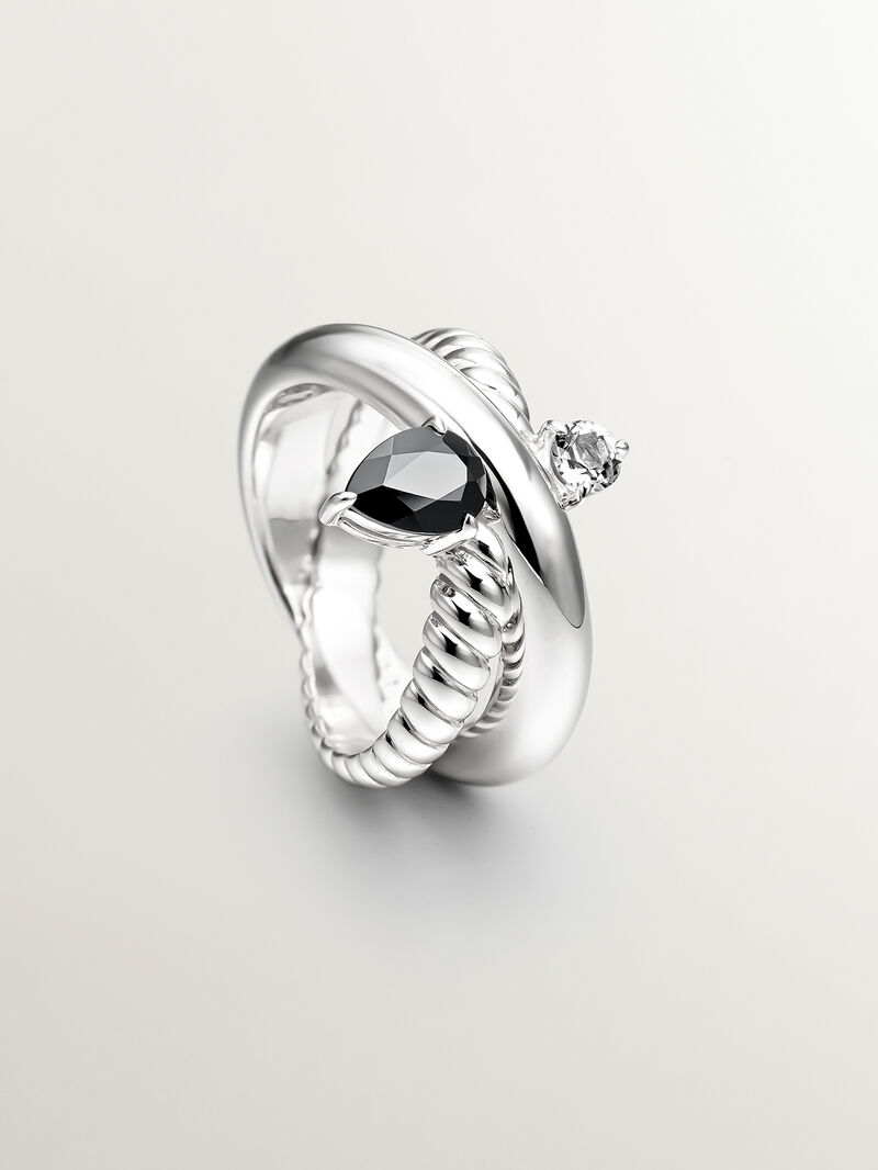 925 silver multi-arm ring with black spinel and white topaz image number 4