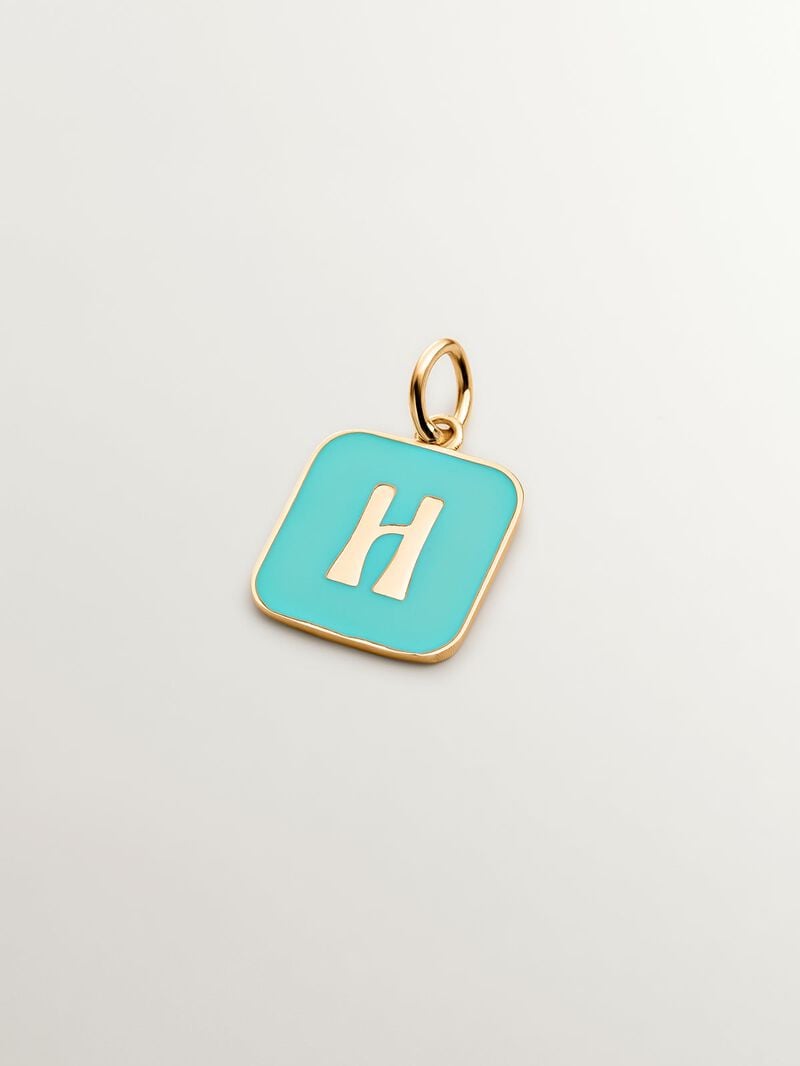18K yellow gold plated 925 sterling silver charm with H initial and turquoise enamel in a square shape image number 0