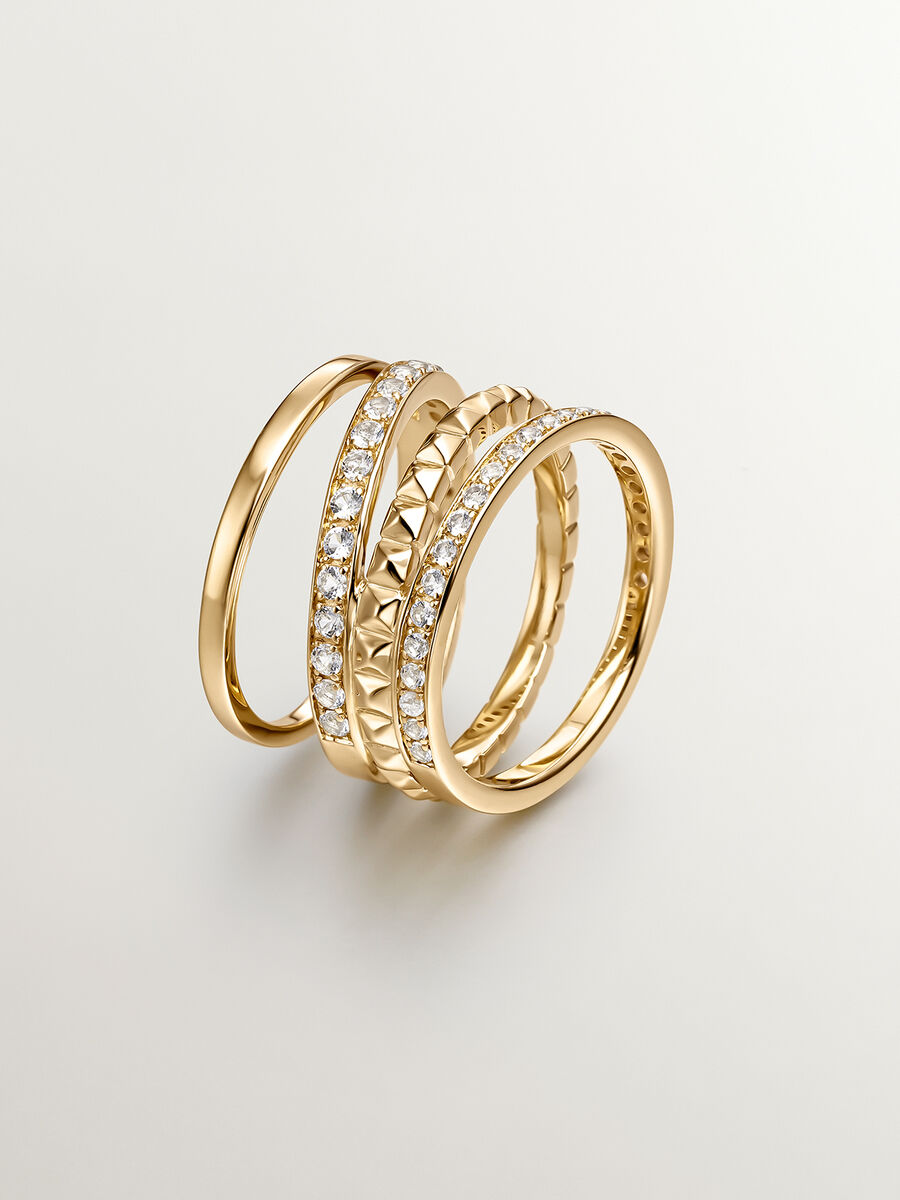 Multi-band ring in 18k yellow gold-plated silver with raised detail and white topazes , J04906-02-WT, hi-res