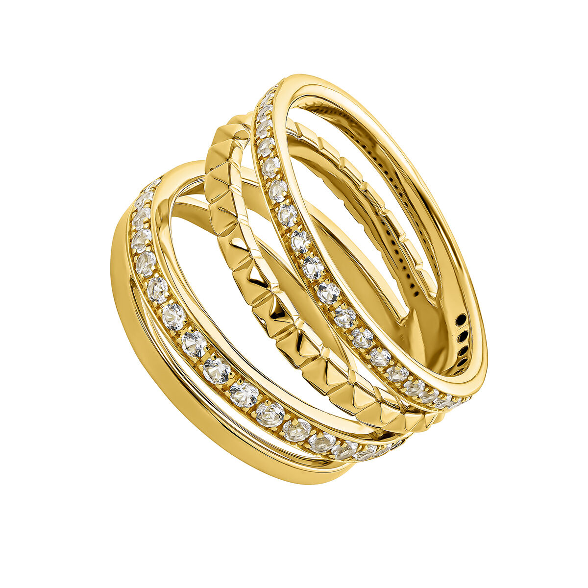 Multi-band ring in 18k yellow gold-plated silver with raised detail and white topazes , J04906-02-WT, hi-res