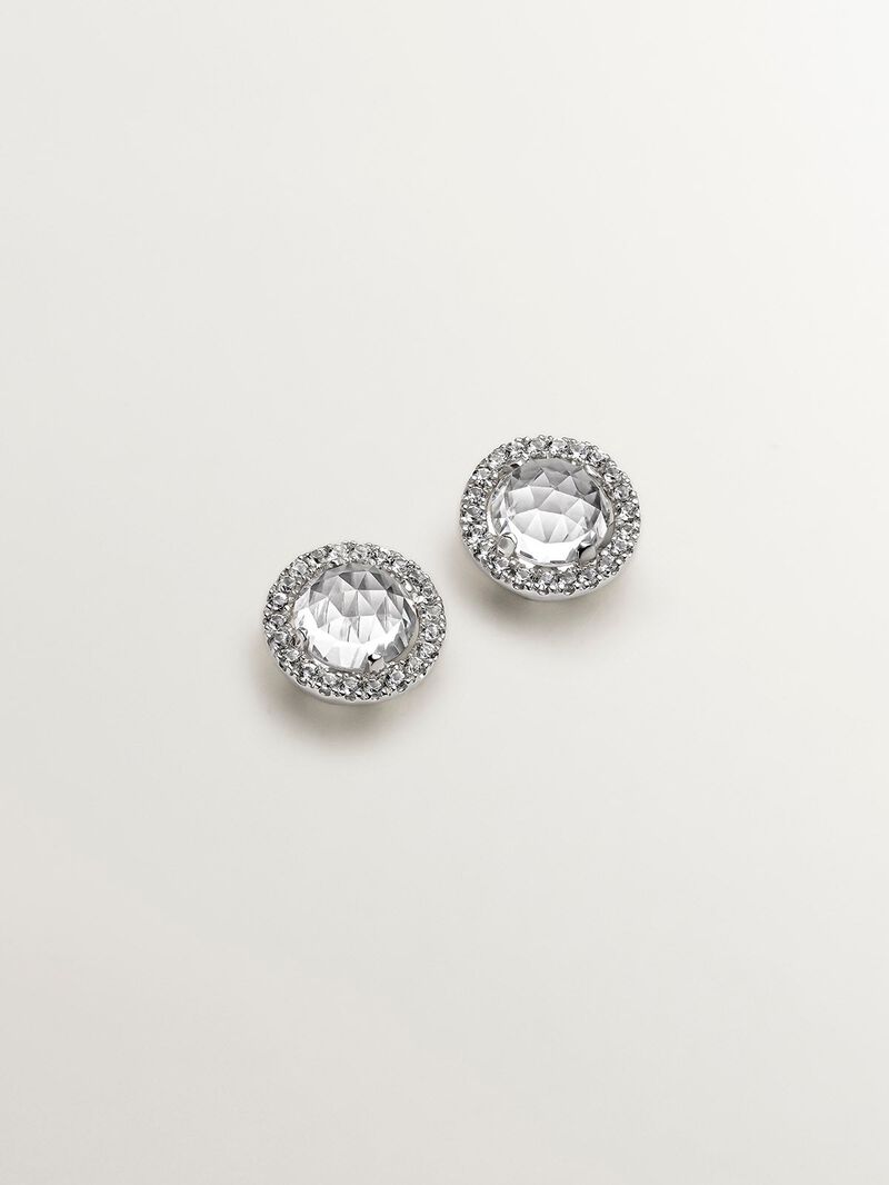 925 silver button earrings with white topaz and a halo of white sapphires. image number 2