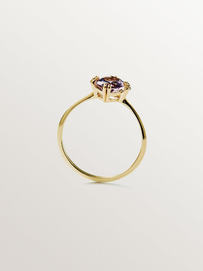 9K Yellow Gold Solitaire Ring with Pink Amethyst and Diamonds image number 4