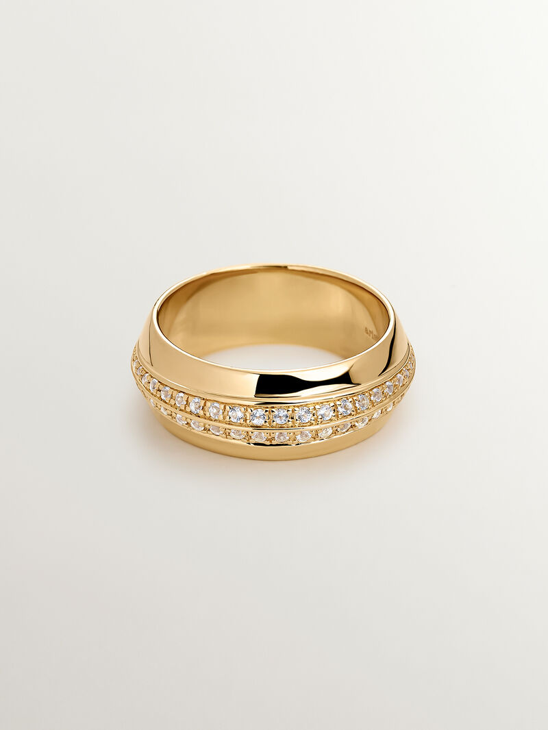 Wide 925 silver ring plated in 18K yellow gold with white topazes image number 2