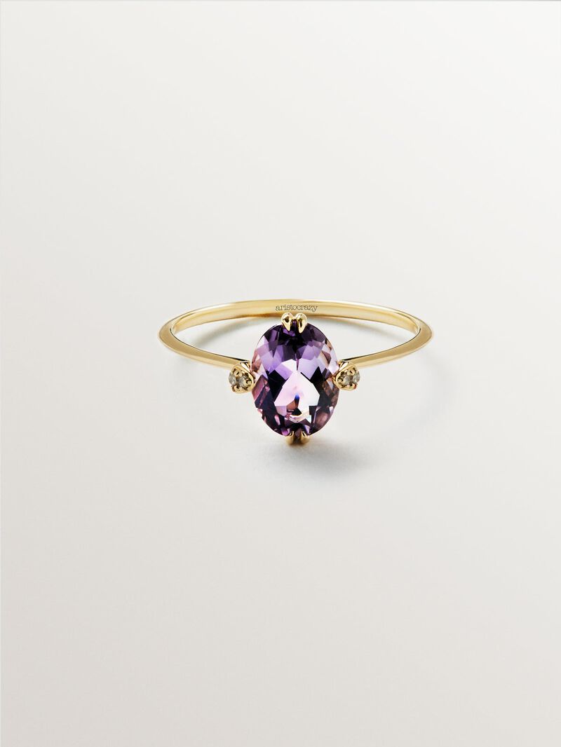 9K Yellow Gold Solitaire Ring with Pink Amethyst and Diamonds image number 2