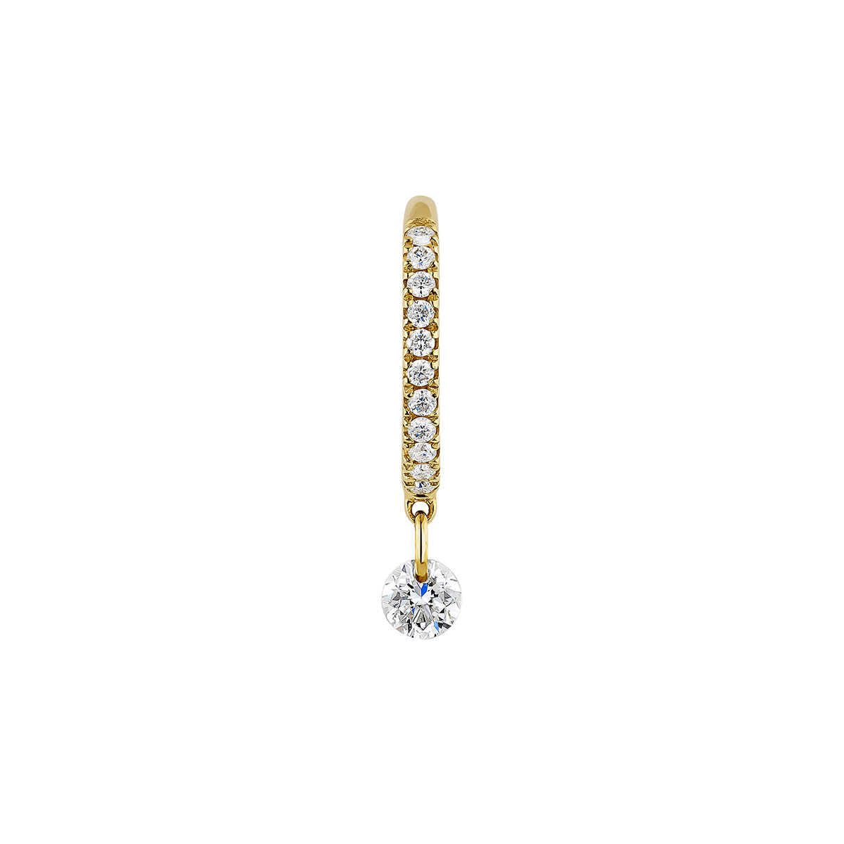 18kt yellow gold single small hoop earring with diamonds and dangling diamond, J04424-02-H, hi-res