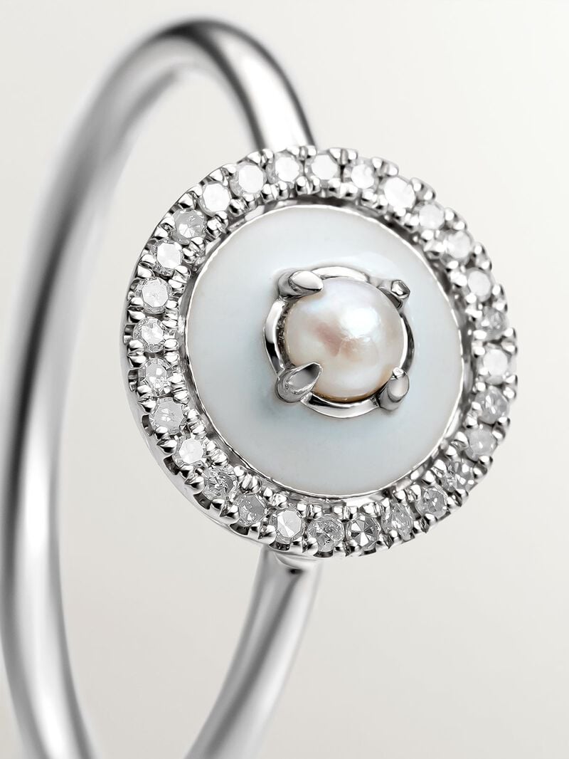 925 silver ring and 18K white gold with white pearl, white diamonds and gray enamel image number 4