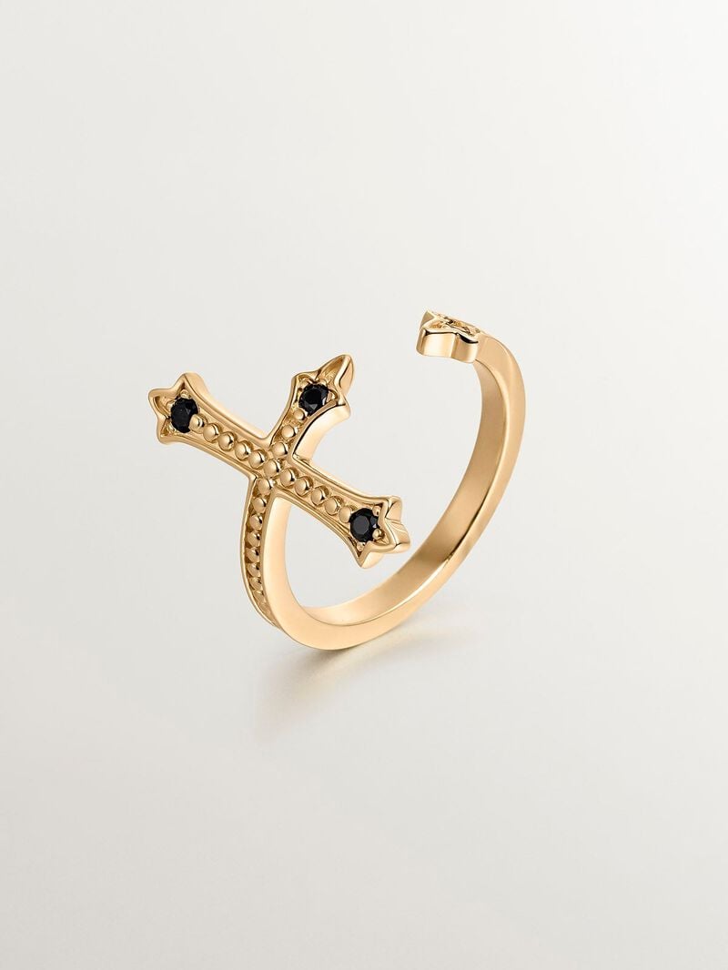 You and Me ring made of 925 silver, bathed in 18K yellow gold, cross-shaped with black spinels. image number 0