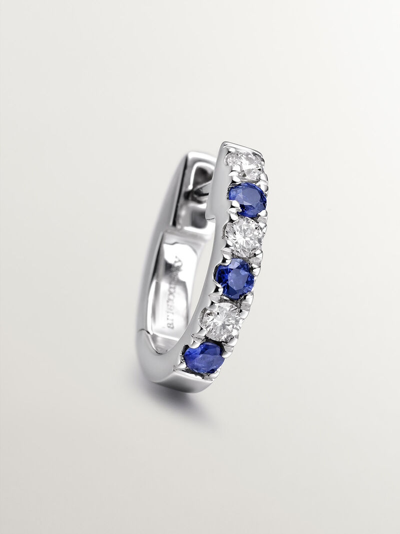 Individual 18K white gold hoop earring with blue sapphires and diamonds. image number 4