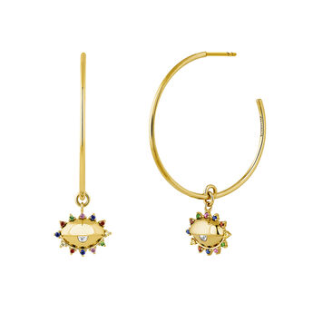 Gold plated silver eye stones hoop earrings , J04406-02-WT-MULTI,hi-res