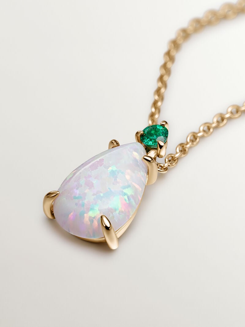 18K yellow gold necklace with white opal and emerald. image number 7