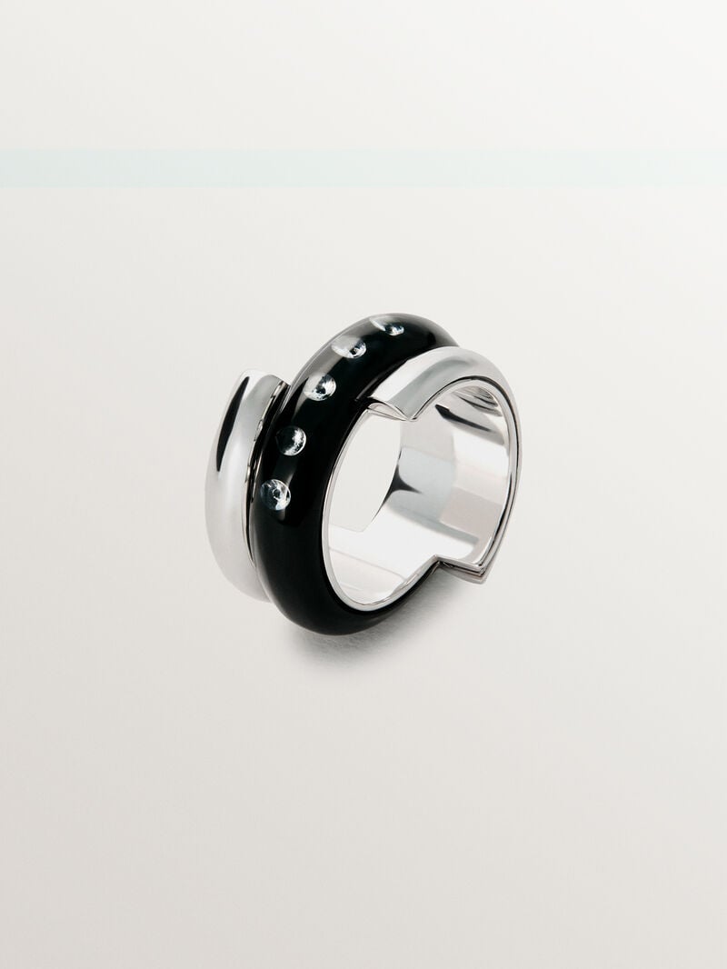 925 silver ring with black enamel and zircons suspended in resin image number 0