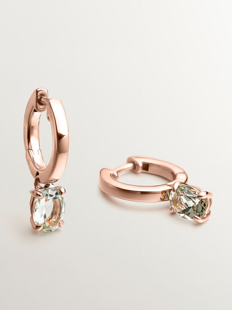 Small hoop earrings made of 925 silver, bathed in 18K rose gold with green quartz. image number 3