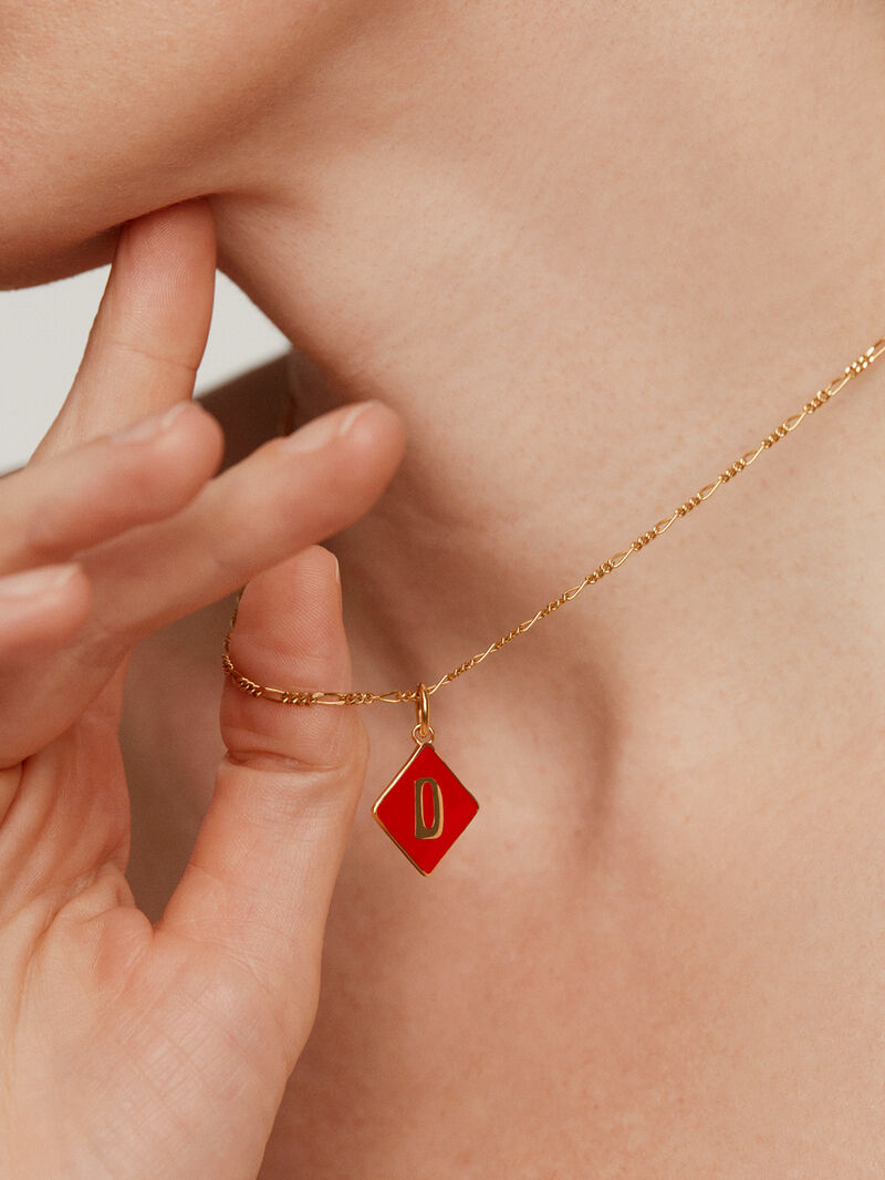 18K yellow gold plated 925 sterling silver charm with initial D and red enamel in diamond shape image number 1