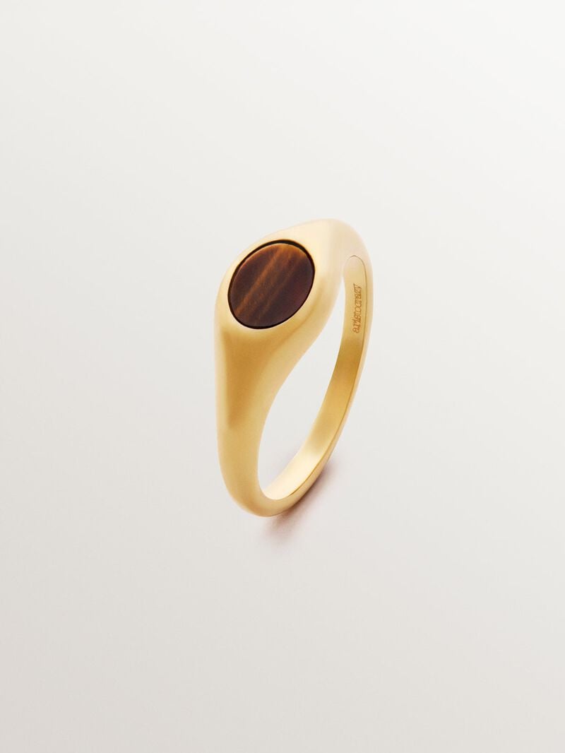 18K yellow gold plated 925 silver signet style ring with central tiger's eye. image number 0