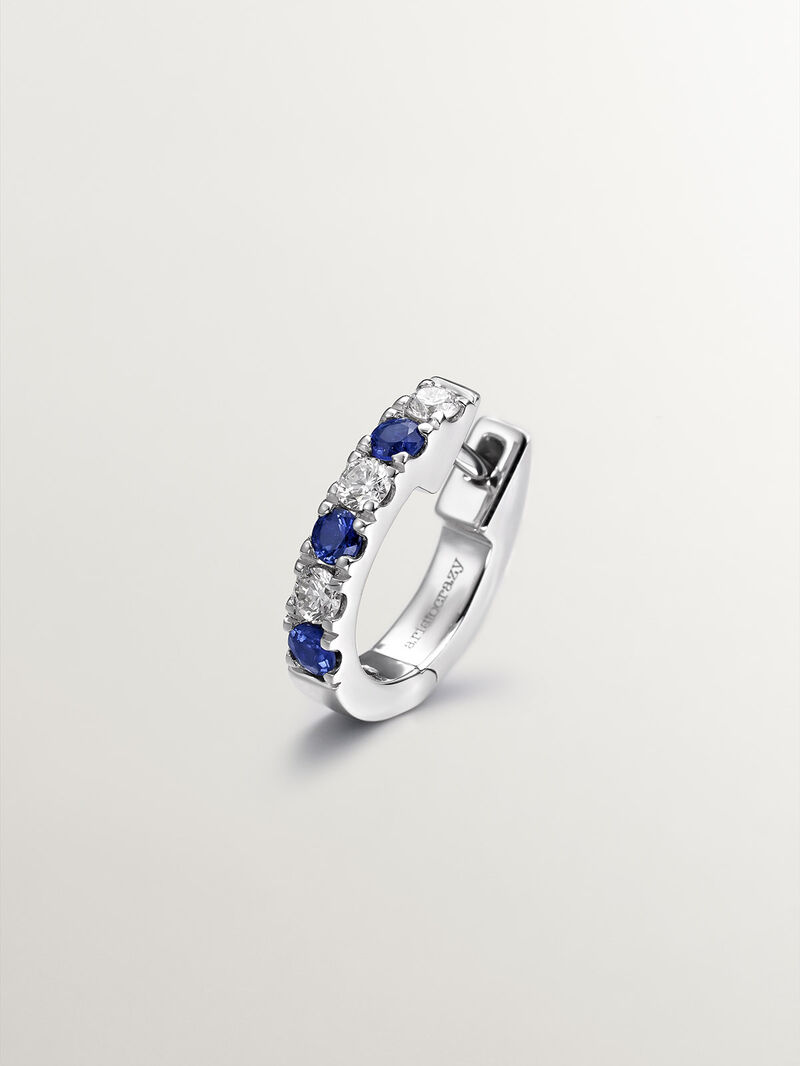 Individual 18K white gold hoop earring with blue sapphires and diamonds. image number 0