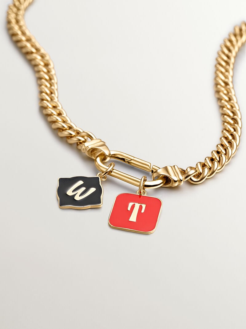 18K yellow gold plated 925 sterling silver charm with W initial and black enamel with irregular diamond shape image number 2