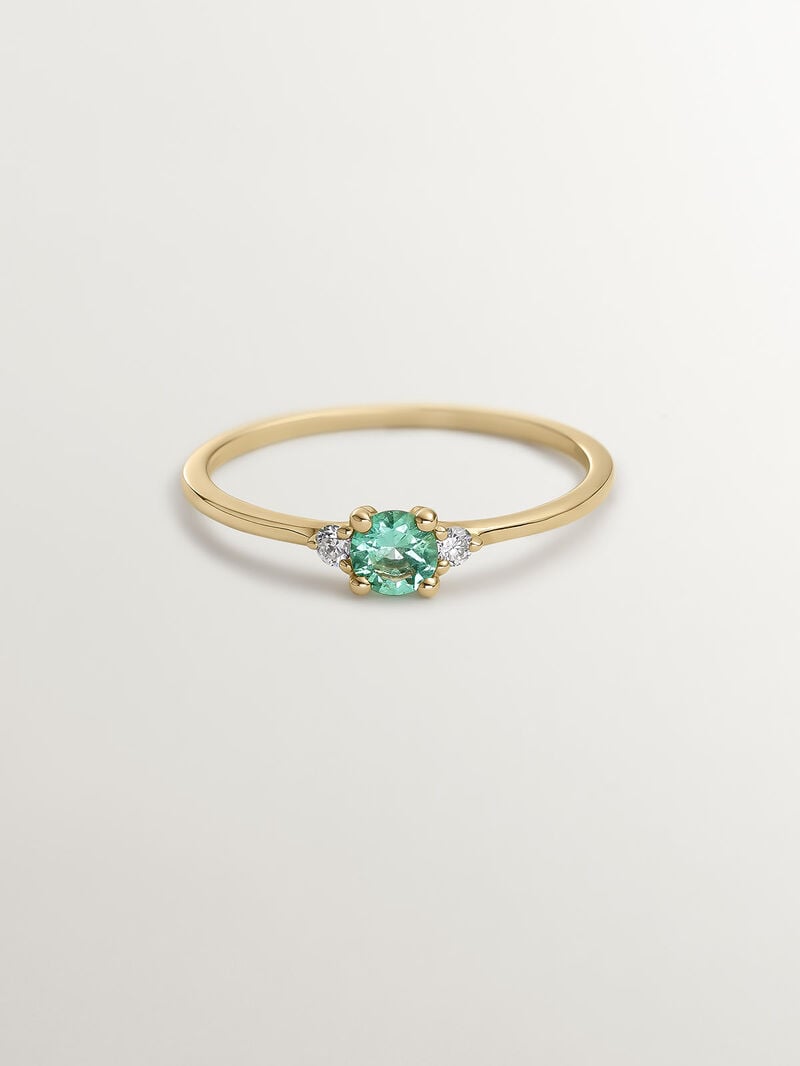 9K Yellow Gold Trilogy Ring with Emerald and Diamonds image number 2