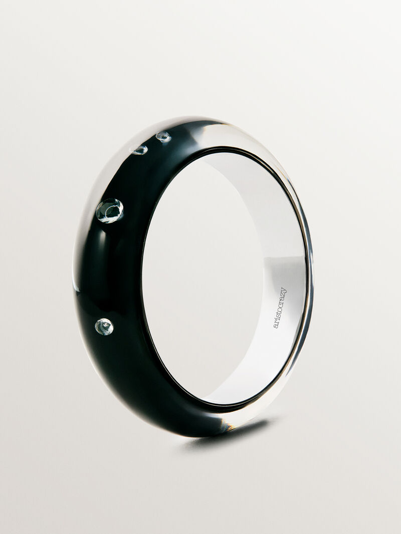 Rigid 925 silver bracelet with black enamel and zircons suspended in resin image number 2