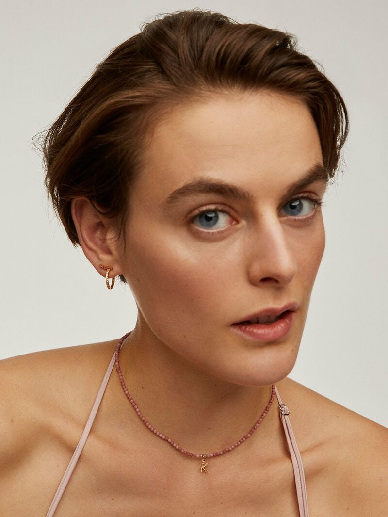 Small hoop earrings made of 925 silver, coated in 18K yellow gold with white topaz and pink rhodolites. image number 5
