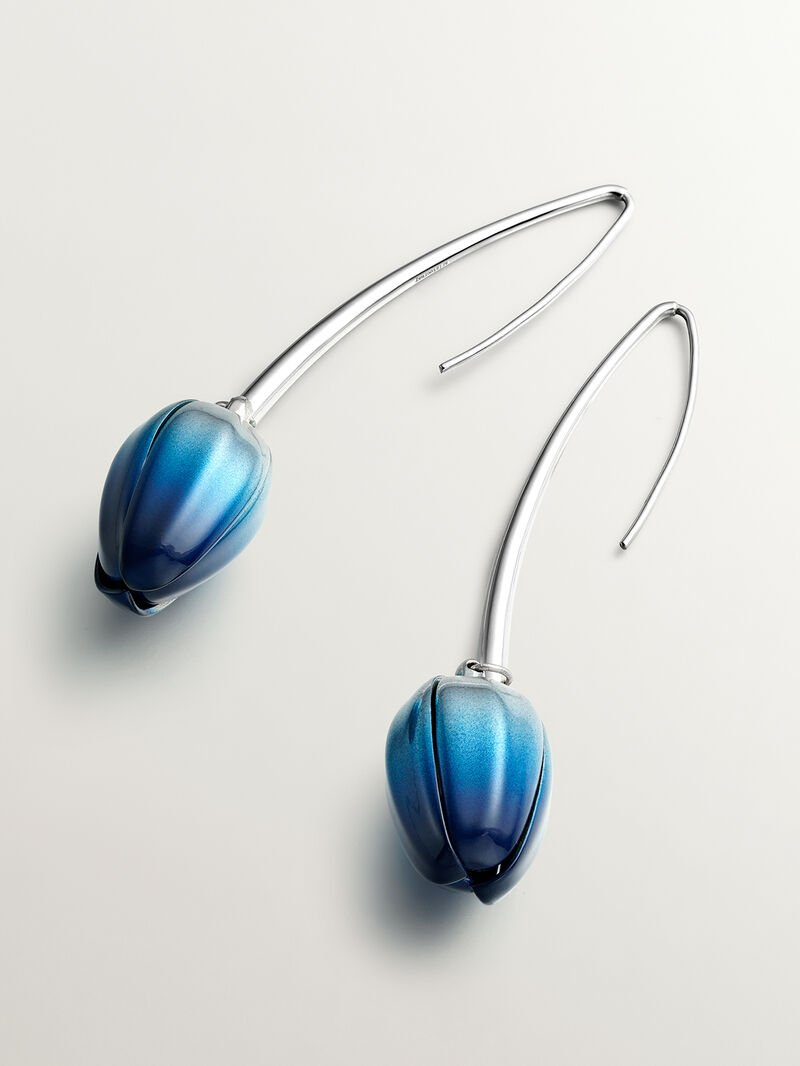 Orchid-shaped 925 silver earrings with gradient blue enamel and polished effect image number 4