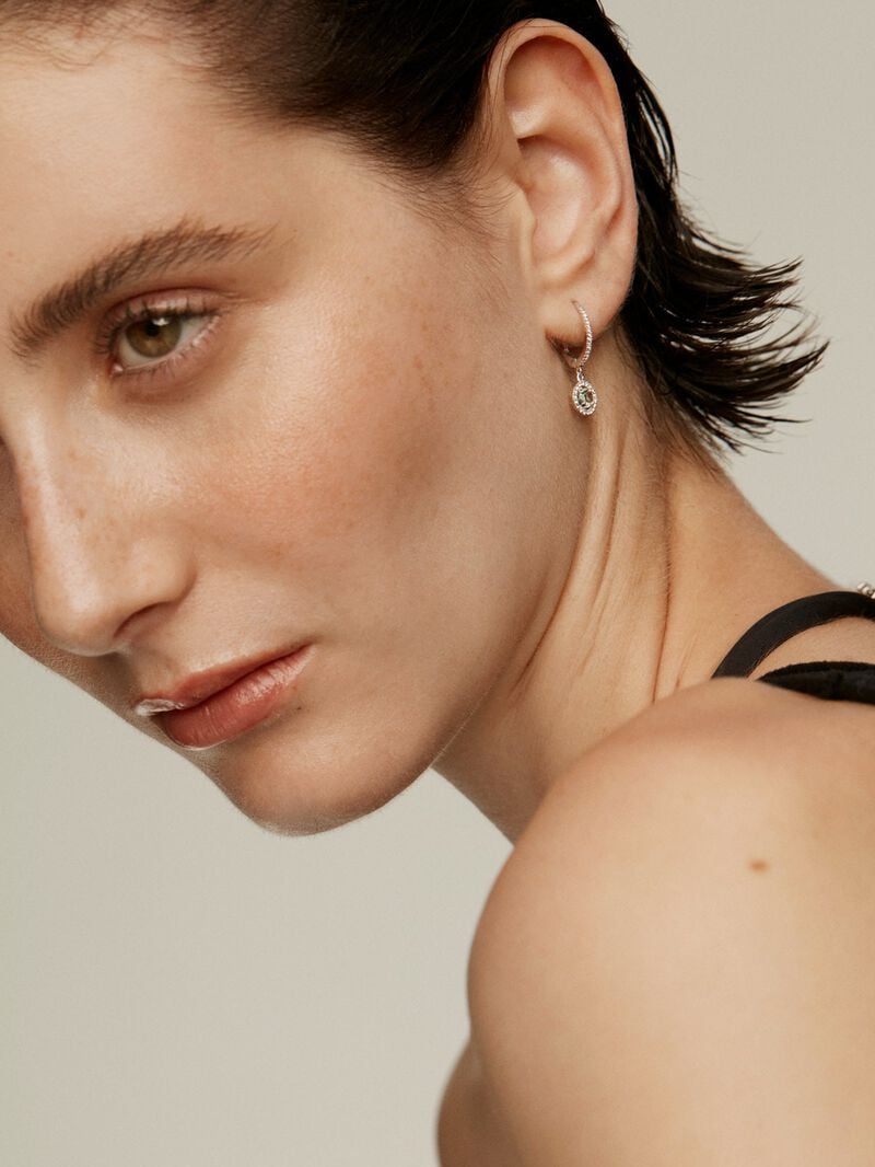 Small 925 silver hoop earrings with pendant topaz and white sapphires. image number 3