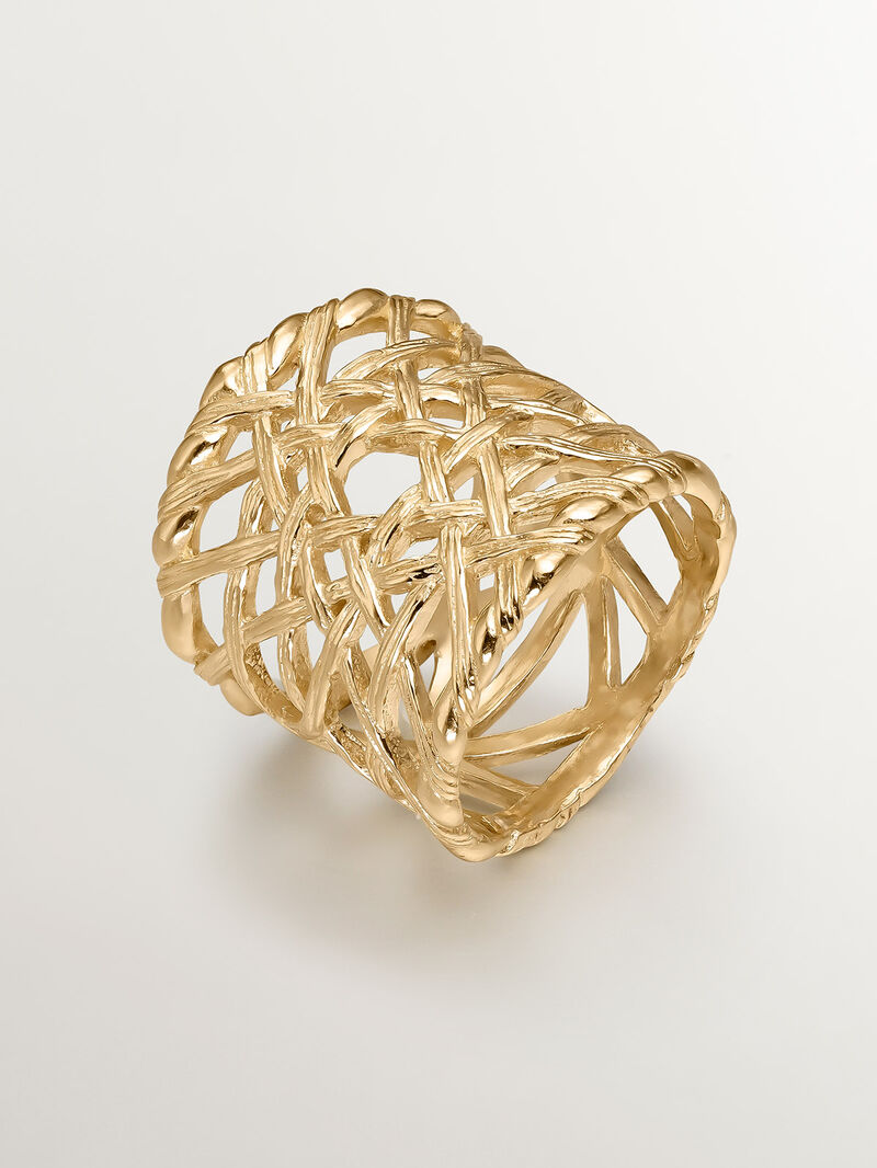 Wide 925 silver ring bathed in 18K yellow gold with wicker texture image number 0