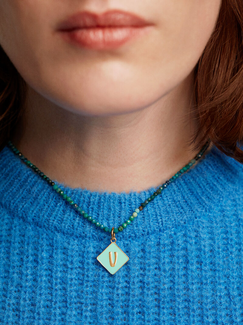 18K yellow gold plated 925 sterling silver charm with V initial and turquoise enamel in the shape of a diamond image number 1