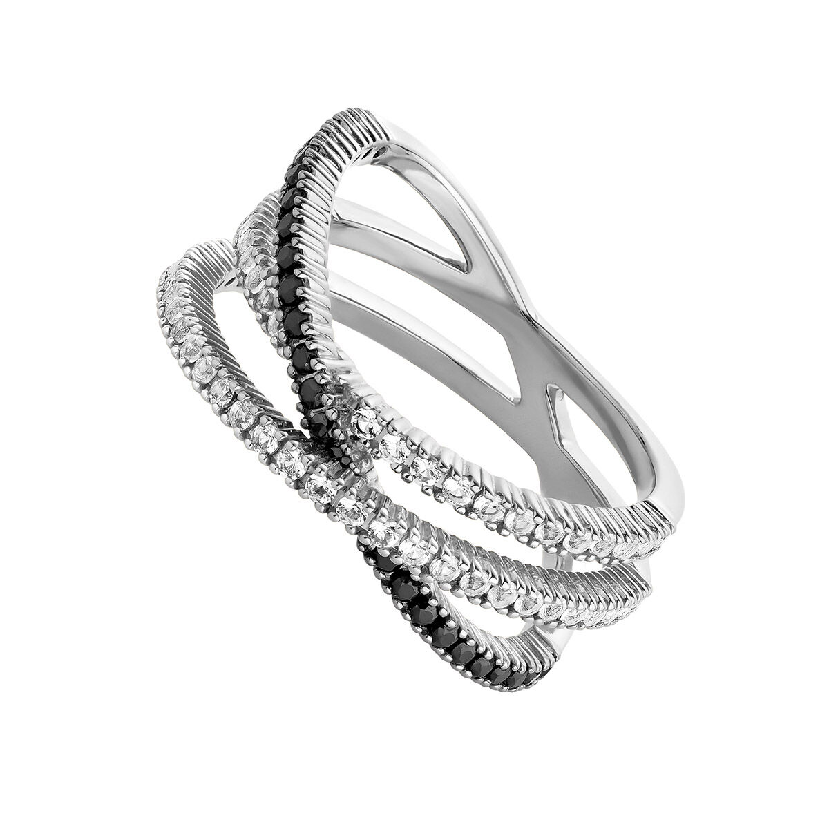 Silver triple crossed ring with white topazes and black spinels, J04989-01-WT-BSN, hi-res