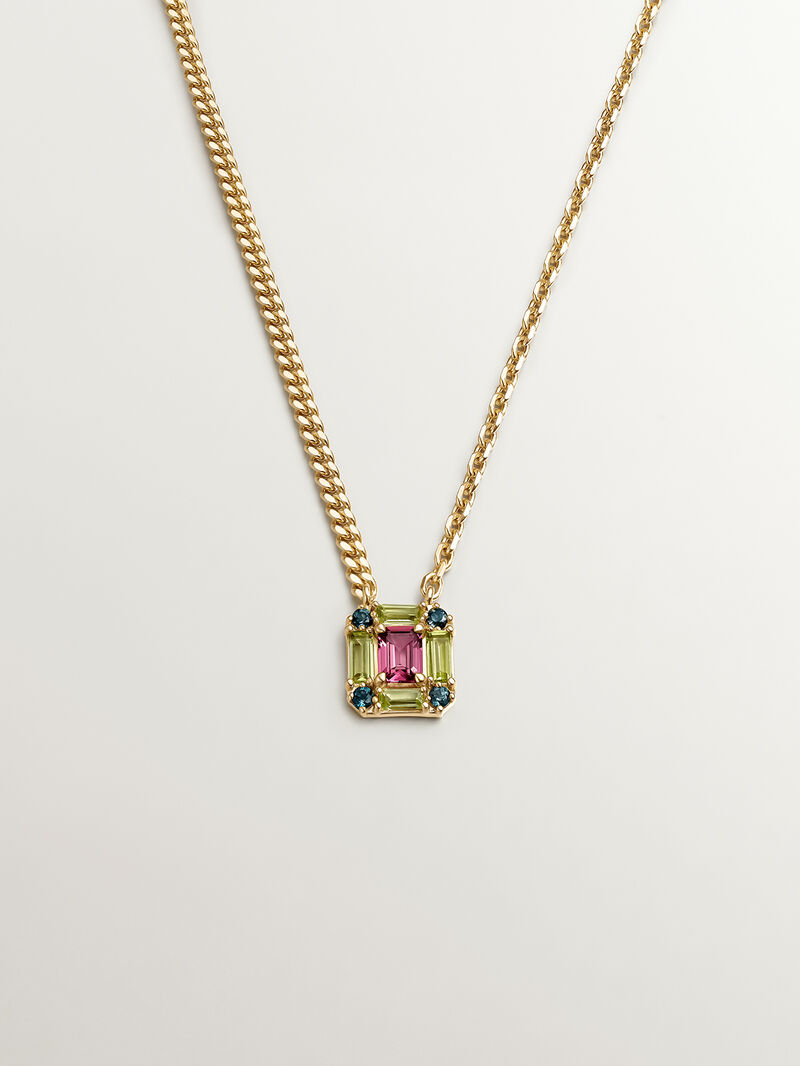 925 Silver pendant bathed in 18K yellow gold with pink rhodolite, London blue topaz, and green peridot. image number 0