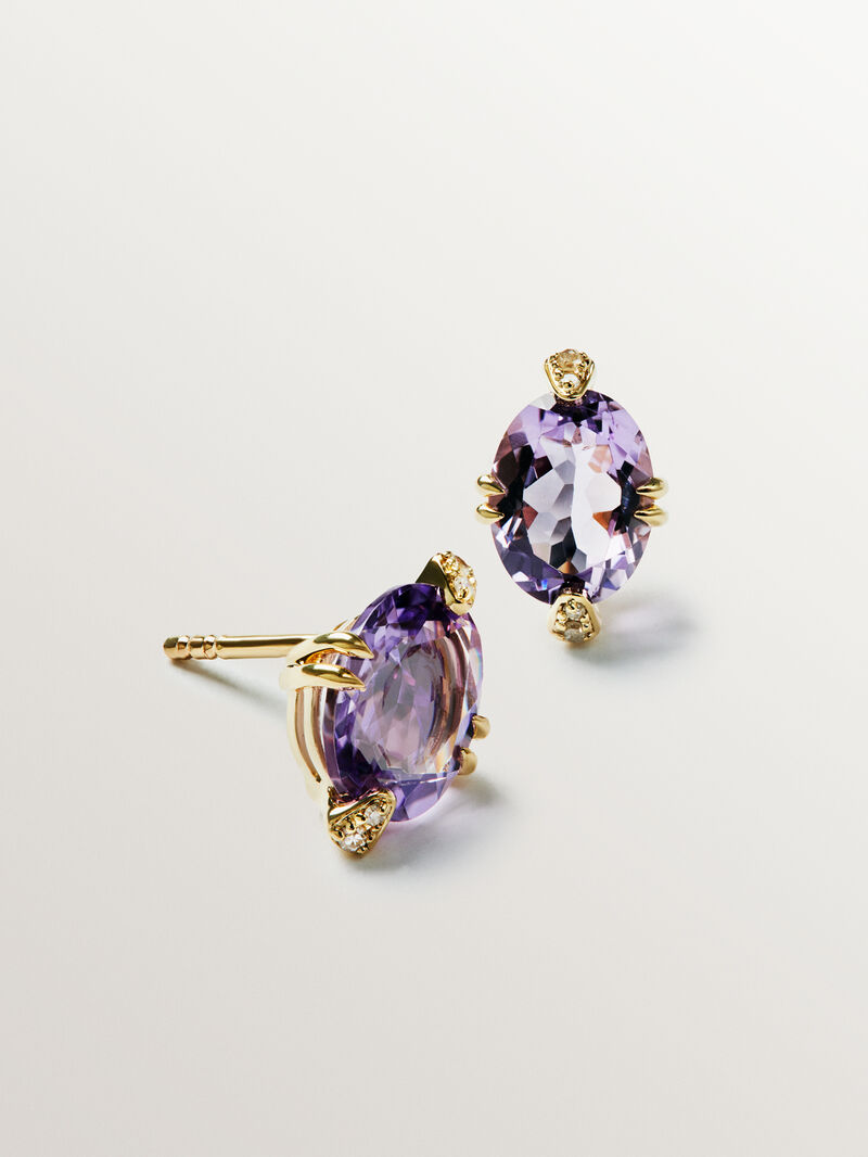 9K Yellow Gold Stud Earrings with Pink Amethysts and Diamonds image number 2