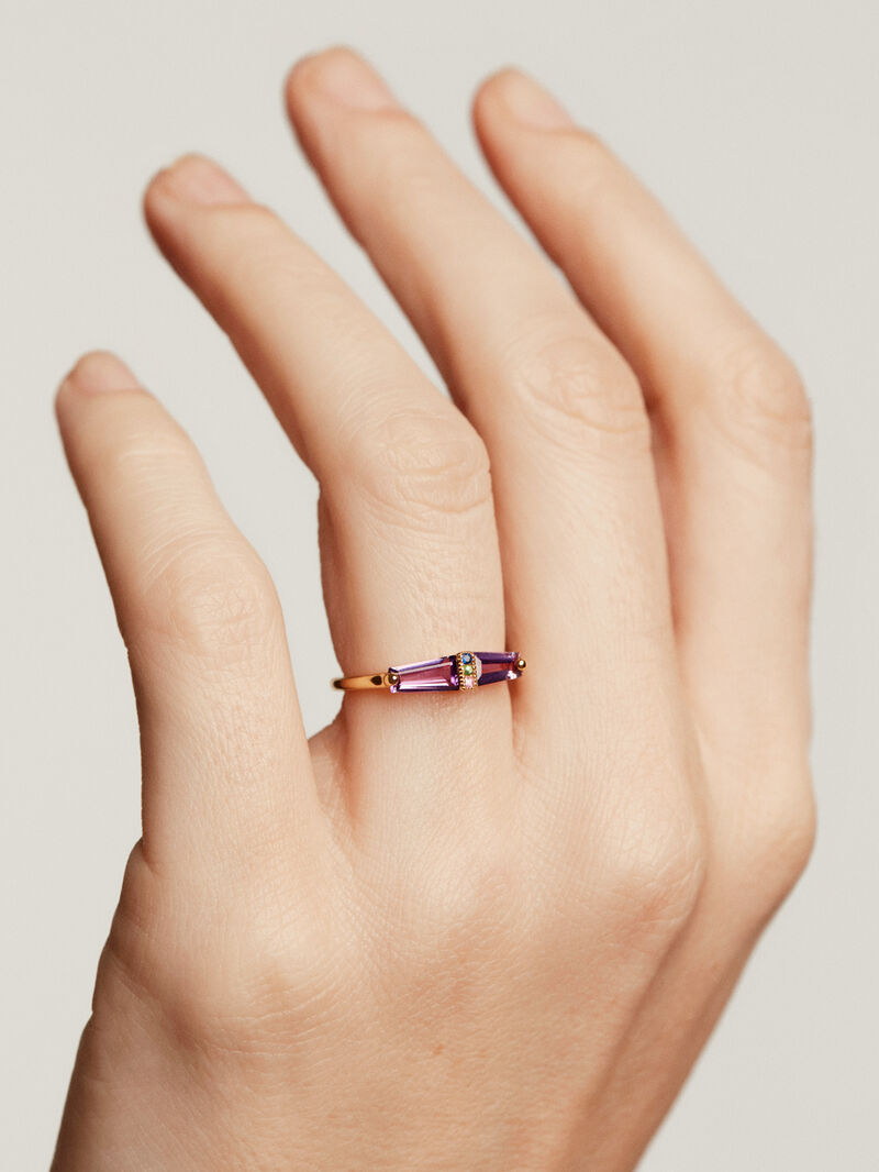 927 Silver ring bathed in 18K yellow gold with pink amethyst and multicolor sapphires image number 1