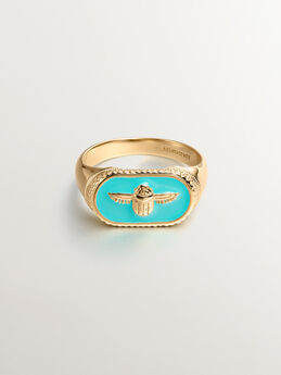 Scarab signet ring in 18k yellow gold with green enamel, J04834-02-TURENA,hi-res