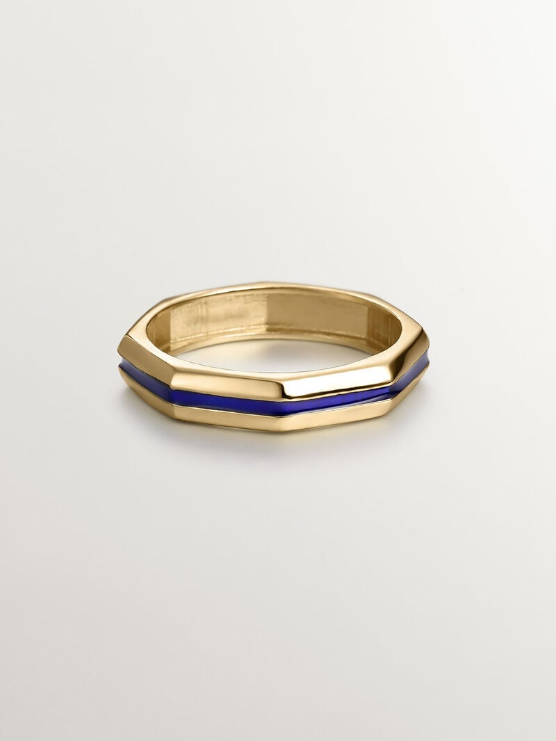 925 silver ring bathed in 18k yellow gold with geometric finish and blue enamel image number 2