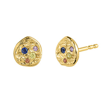 Stud earrings in 18k gold-plated silver with raised detail and multicoloured sapphires, J05077-02-MULTI,hi-res