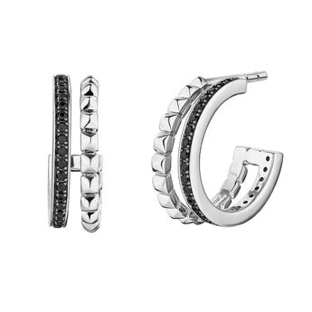 Medium silver double hoop earrings with raised detail and black spinel gemstones, J04911-01-BSN,hi-res