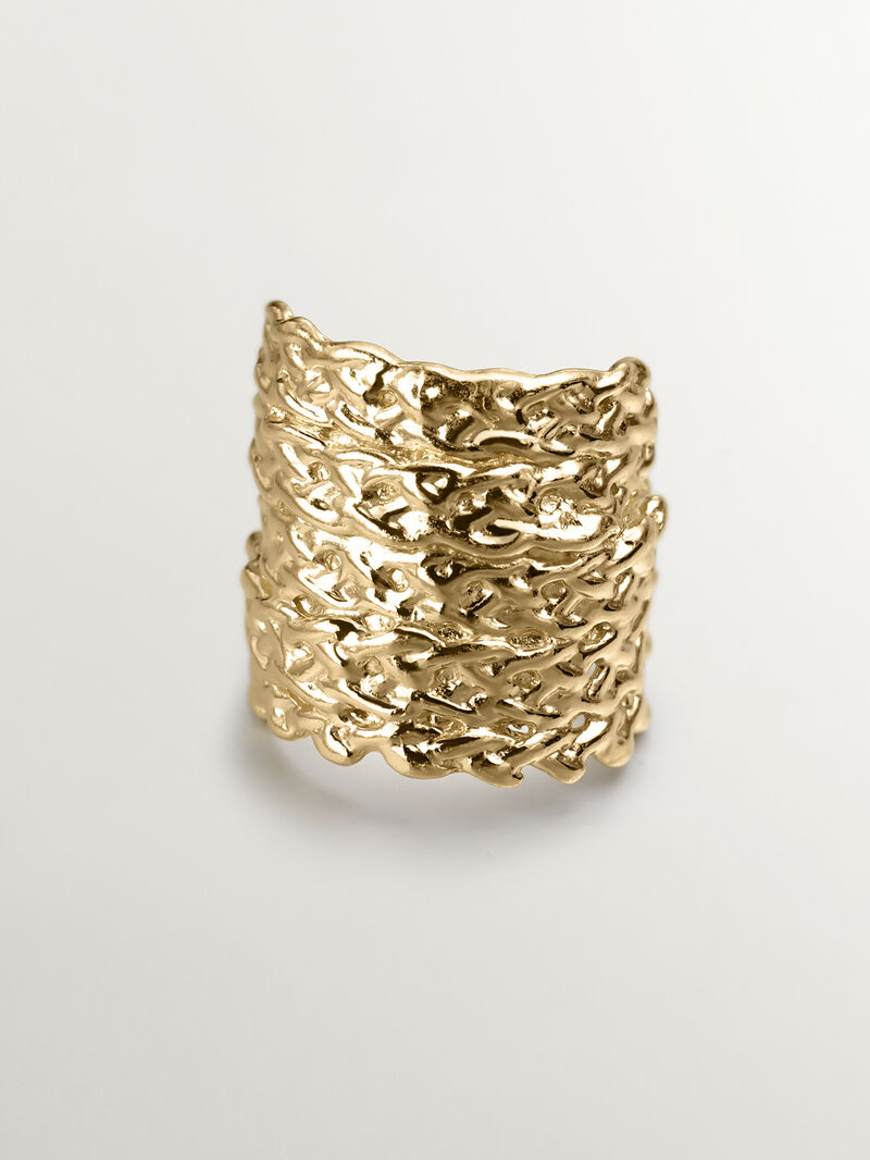 Wide 925 silver ring bathed in 18k yellow gold with wicker texture. image number 2