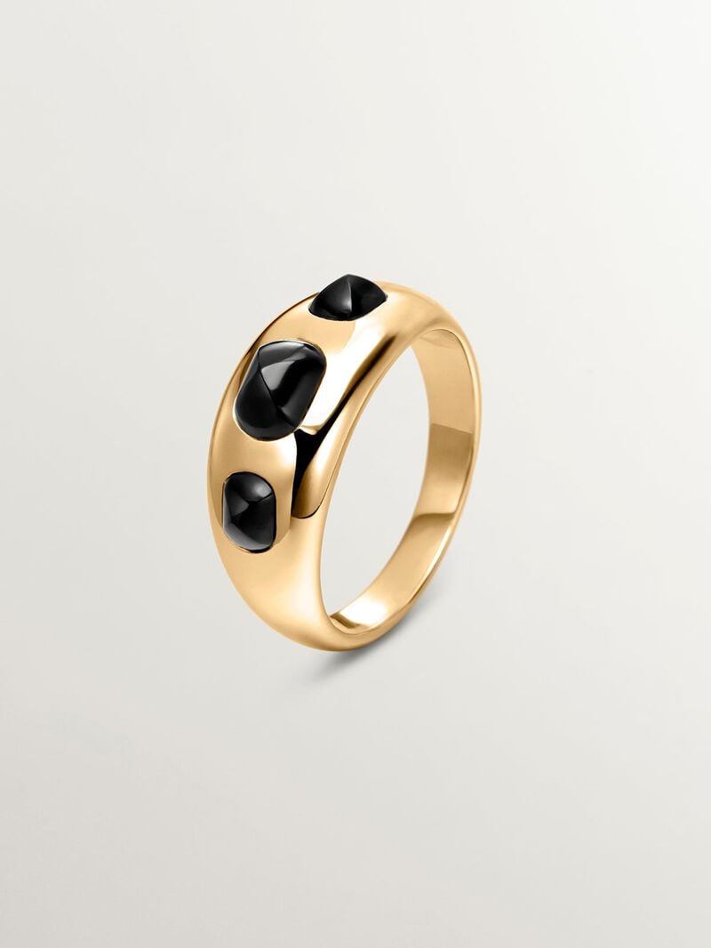18K yellow gold plated 925 silver ring with black agates image number 0