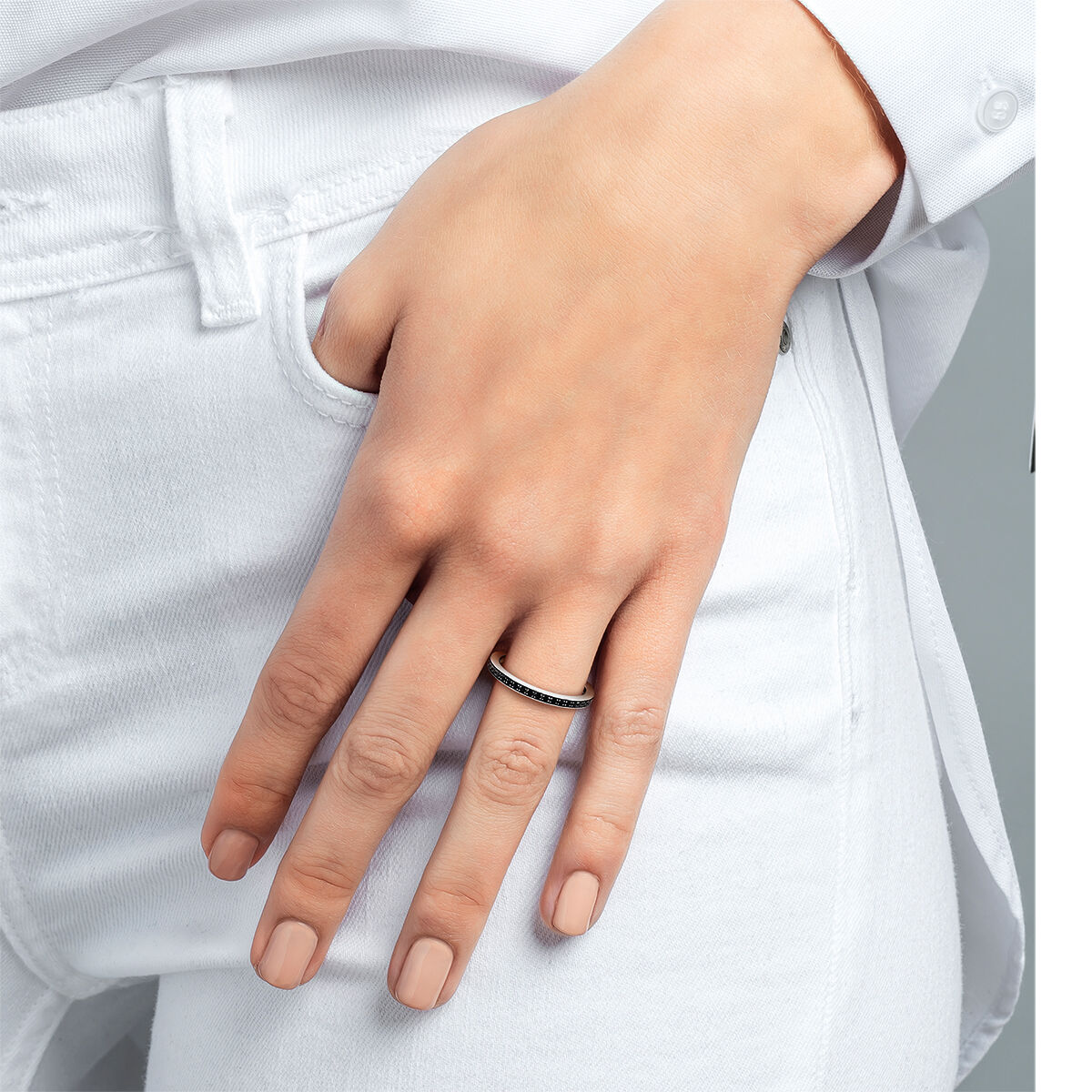 Silver simple ring with spinels , J03264-01-BSN, hi-res