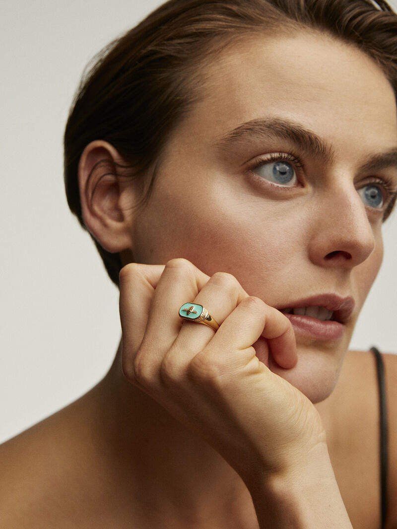 925 Silver signet ring gilded in 18K yellow gold with beetle and turquoise enamel image number 3