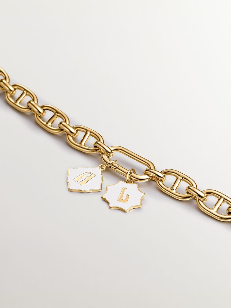 18K yellow gold plated 925 sterling silver charm with initial A and white enamel with irregular diamond shape image number 2