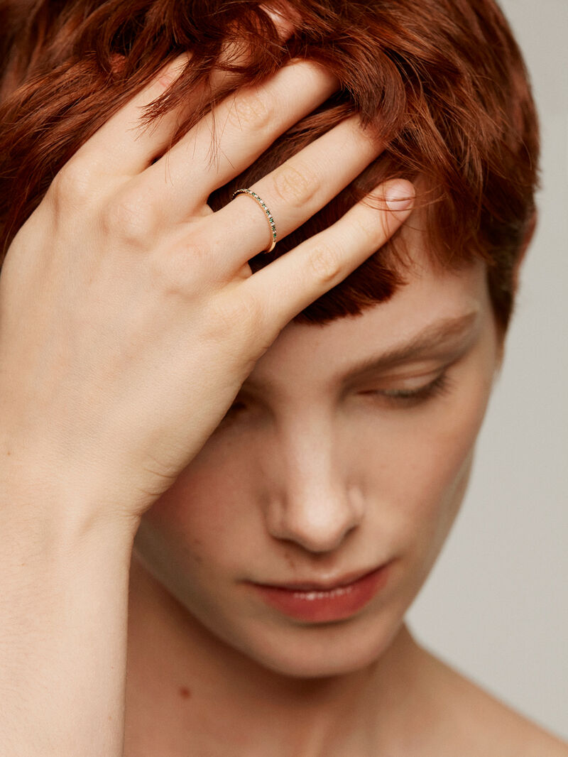 9K Yellow Gold Ring with Emeralds and Diamonds image number 1