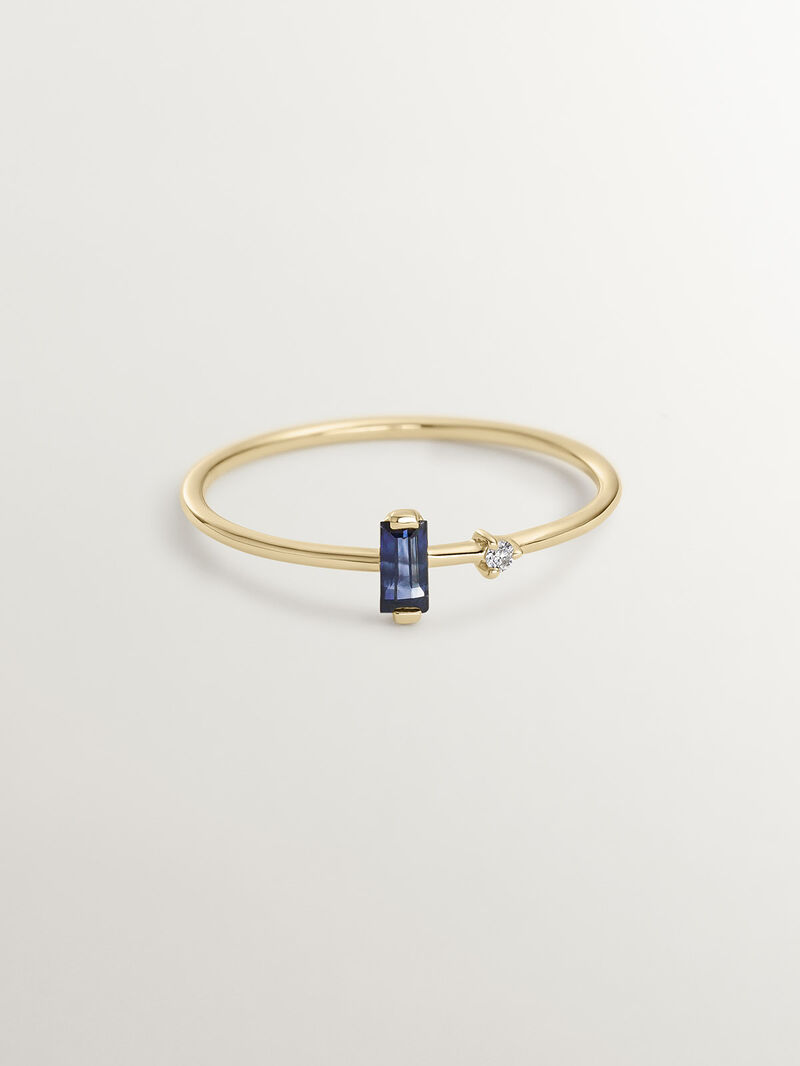 9K Yellow Gold Solitaire Ring with Blue Sapphire and Diamond image number 2