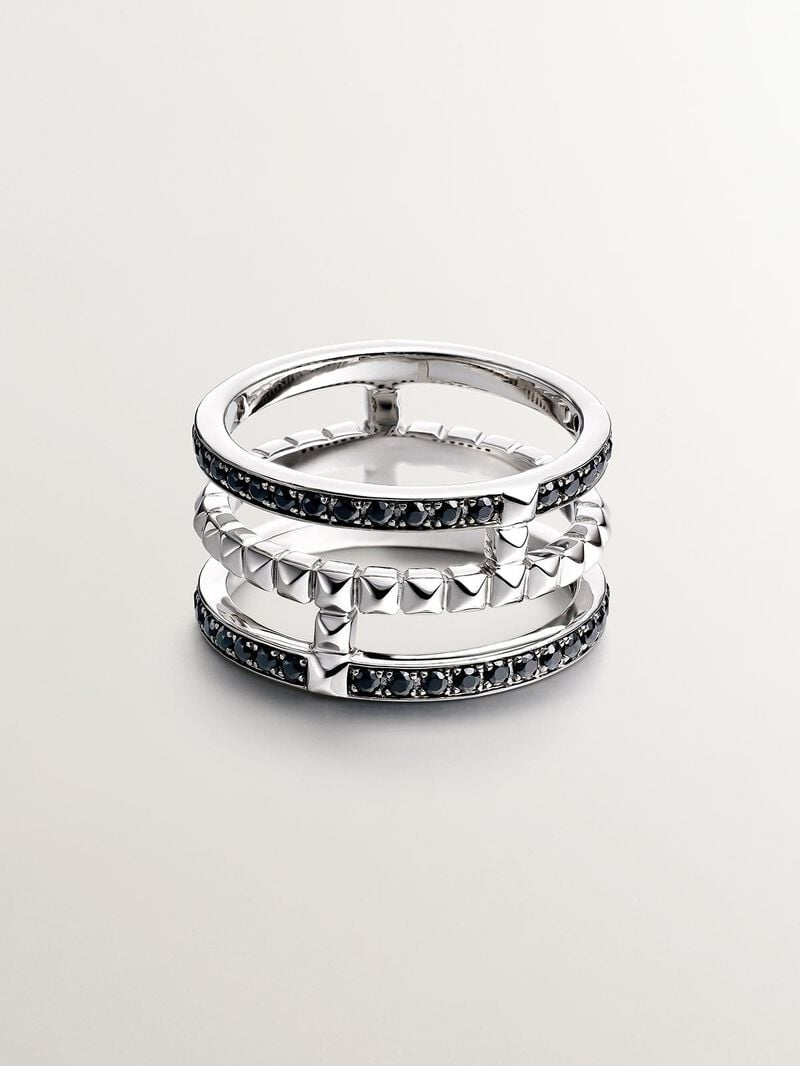 925 Silver triple ring with texture and black spinels image number 2