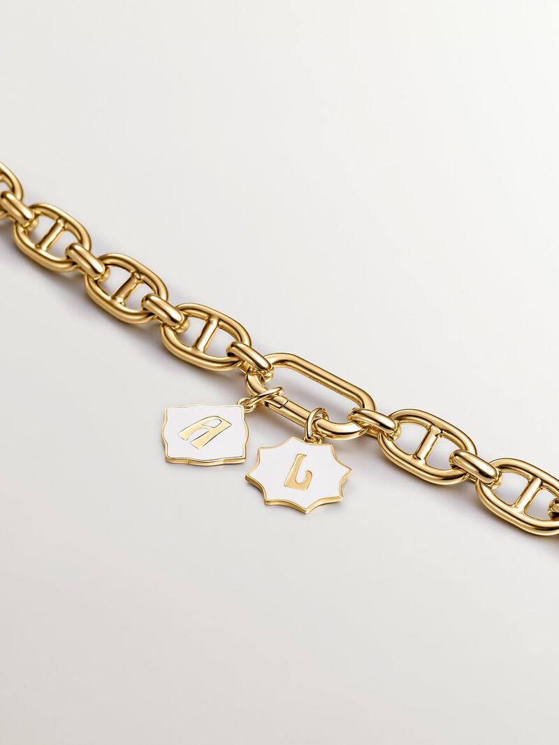 18K yellow gold plated 925 sterling silver charm with initial A and white enamel with irregular diamond shape image number 2